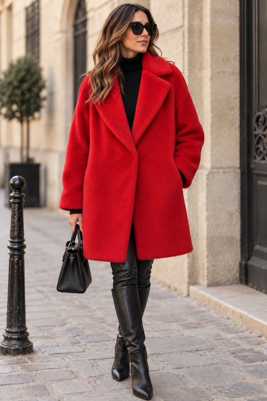 Elie Tahari 100% Alpaca Coat M/L Red Fuzzy Oversized Long Statement Jacket USA